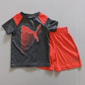 Puma Boys Sz4 2 Piece Shorts Set Athletic Wear Tee Shirt Gray Orange Coral
